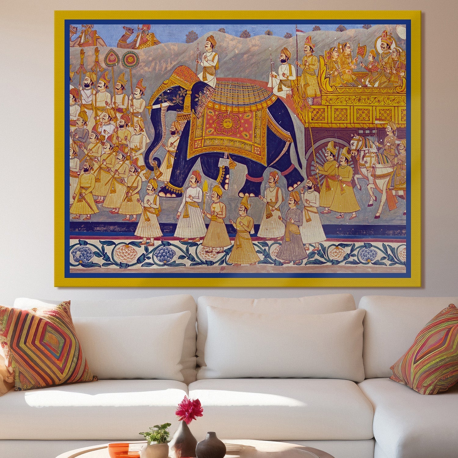 Royal Elephant Procession Traditional Madhubani Artwork Abstract Canvas Framed Painting Indian Ethnic Traditional Wall Art Large Size For Living Room Bedroom Office Restaurant Caffe Home Decor