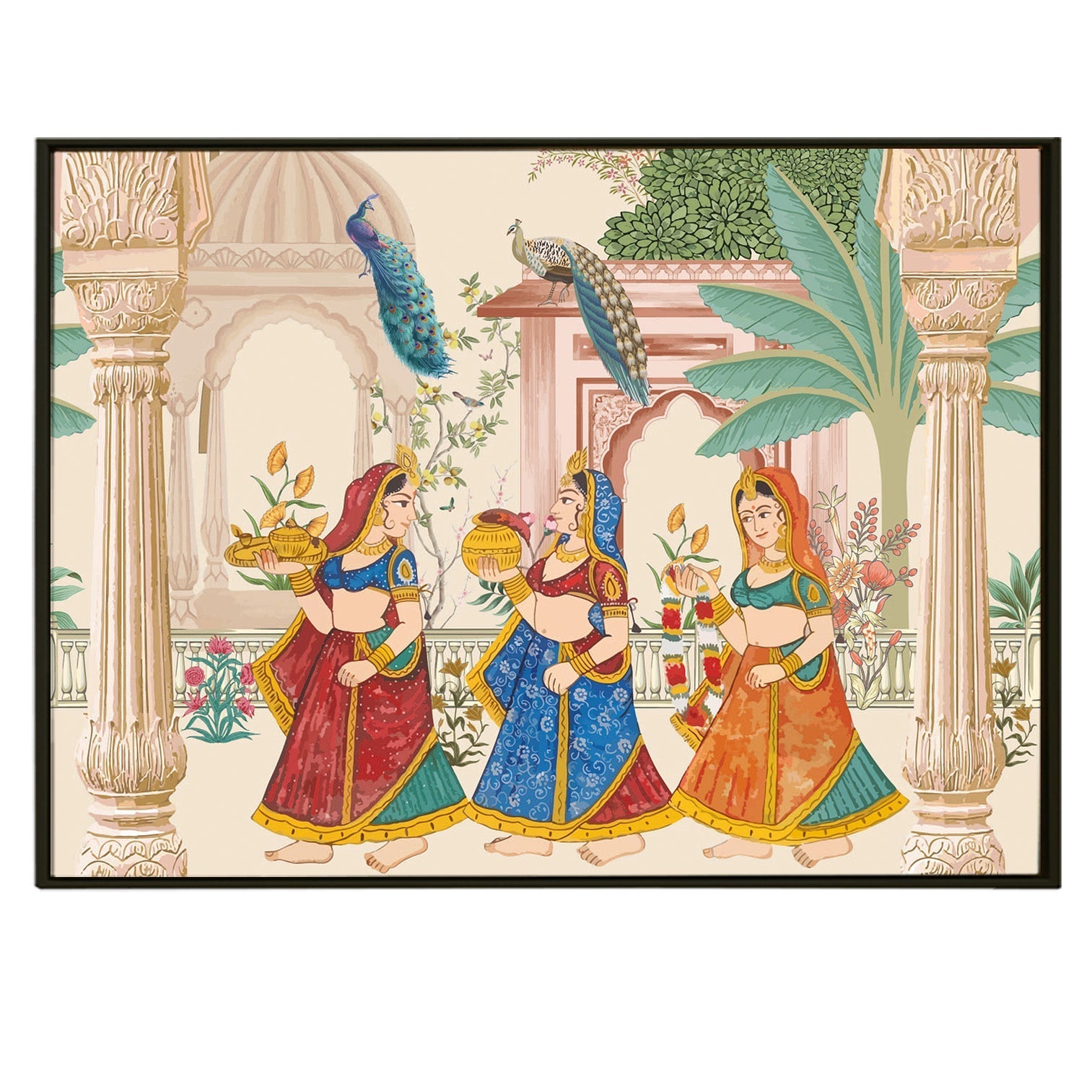 Mughal Garden Peacock Artwork Abstract Canvas Framed Painting Indian Ethnic Traditional Wall Art Large Size For Living Room Bedroom Office Restaurant Caffe Home Decor