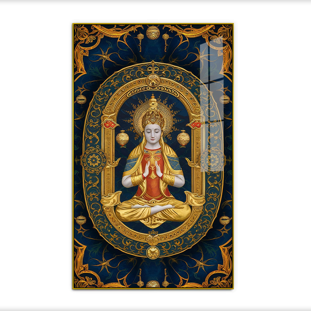 Golden Framed Buddha Acrylic Wall Paintings in Ornate Blue Mandala