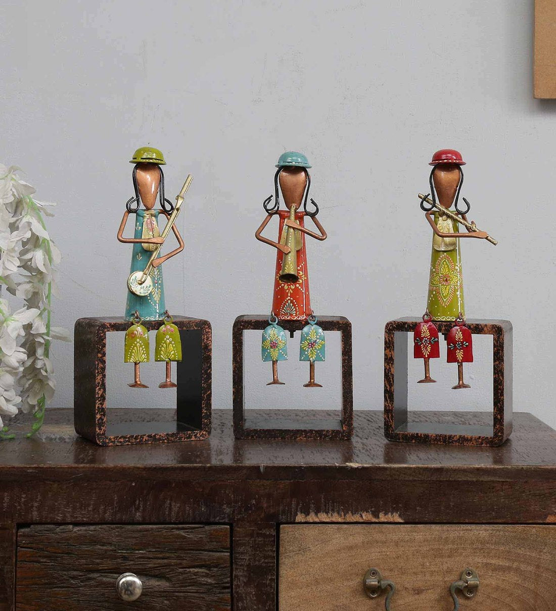 wooden Lady Musician Human Figurine, Set of 3 table decor