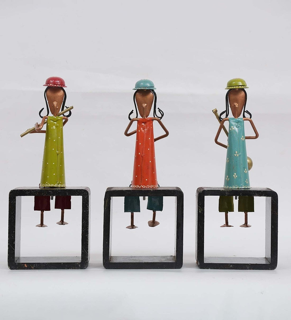wooden Lady Musician Human Figurine, Set of 3 table decor