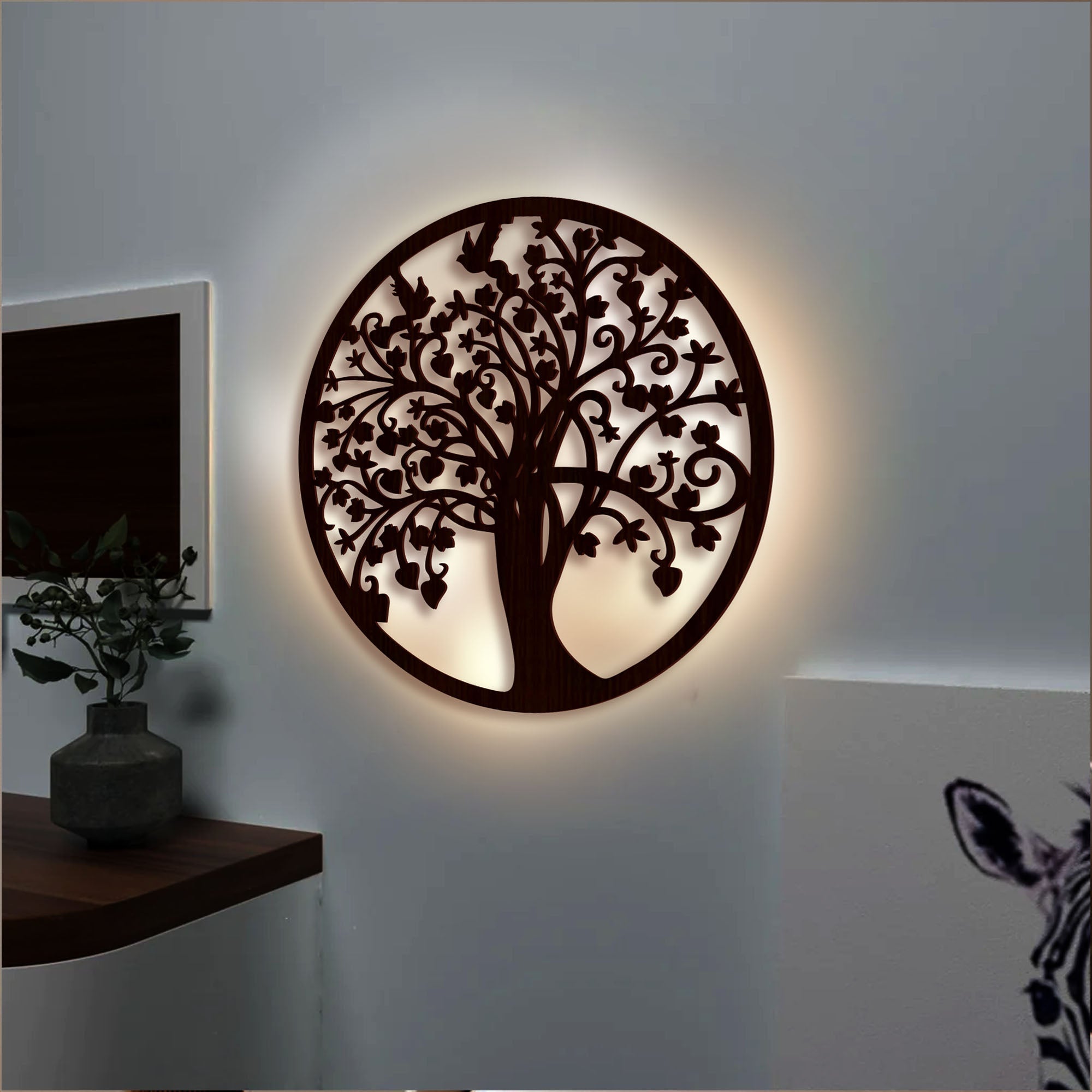 Beautiful Tree of life Round Backlit Wooden Wall Hanging with LED Night Light Walnut Finish