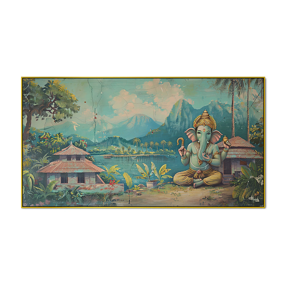 Lord Ganesha Vintage Traditional Madhubani Canvas Wall Painting