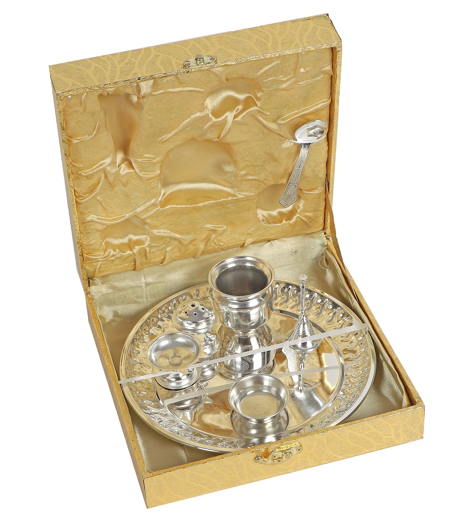 Silver Steel Pooja Thali With Velvet Box