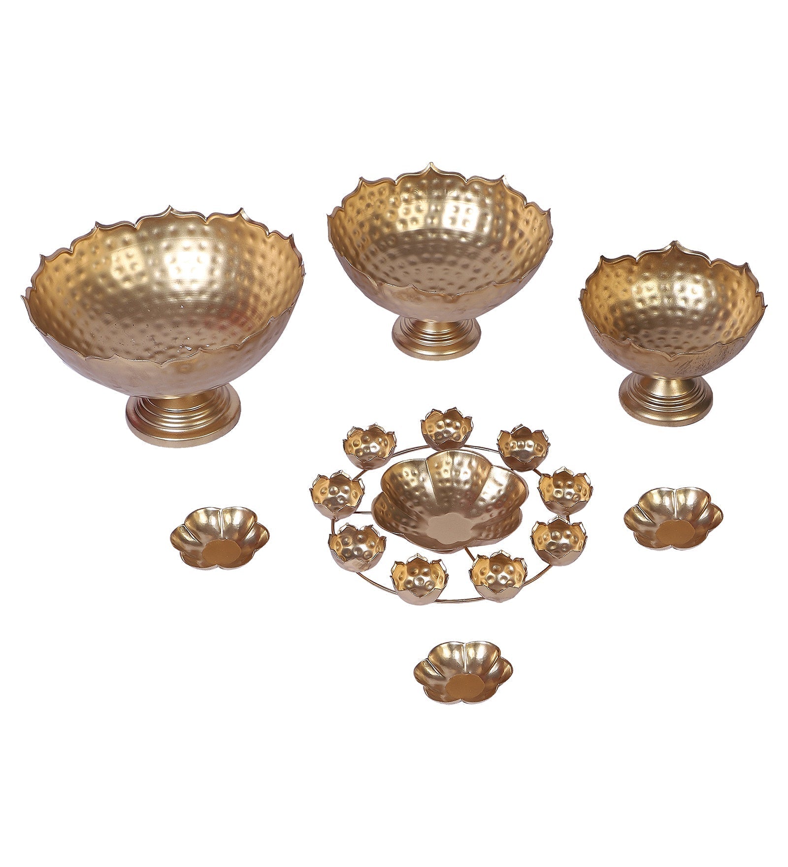 Gold Metal Taj Urli with Center Urli & Tealight Holder Set of 7