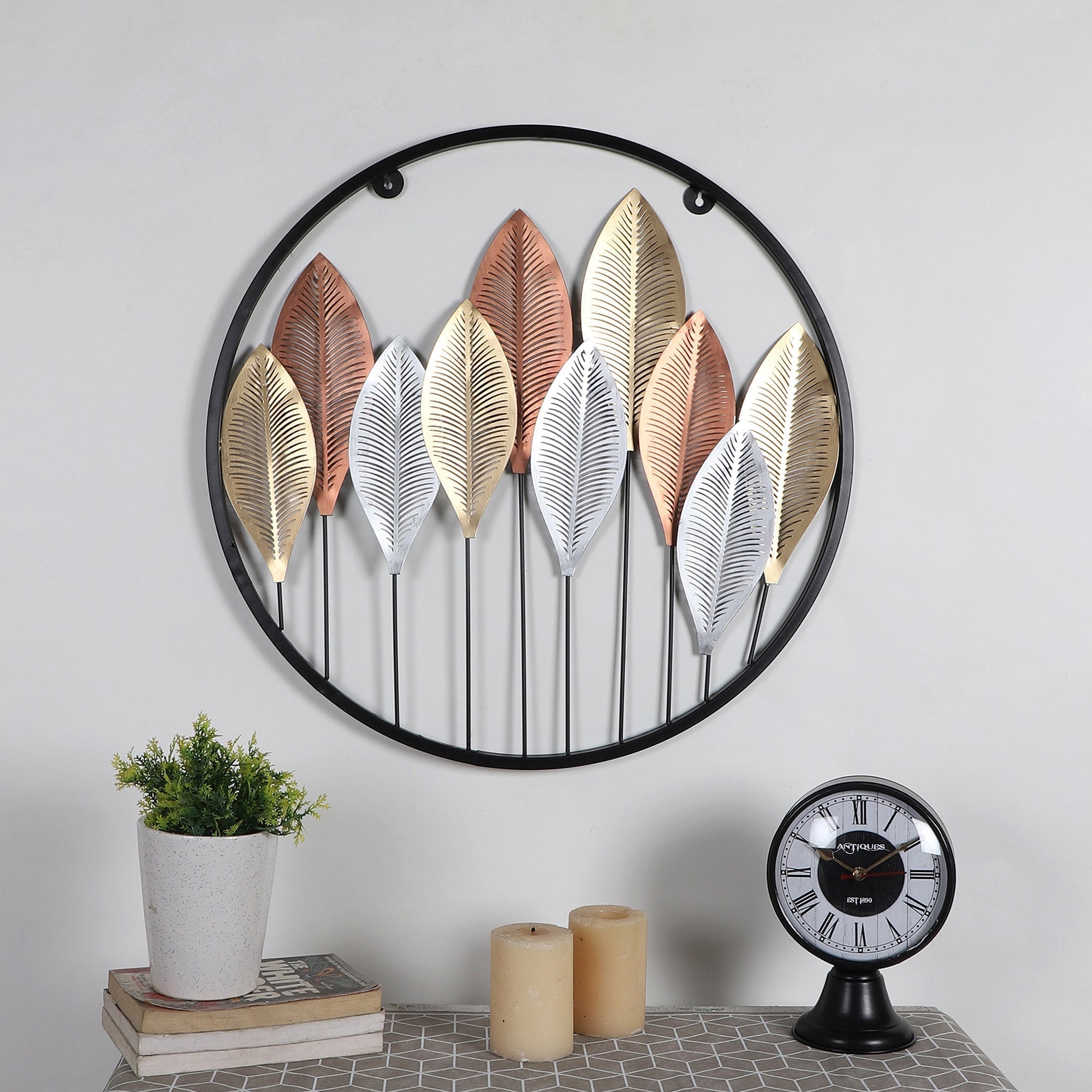 Round Gold Silver & Copper Etching Leaves Wall Decor