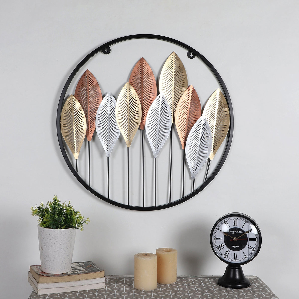 Round Gold Silver & Copper Etching Leaves Wall Decor