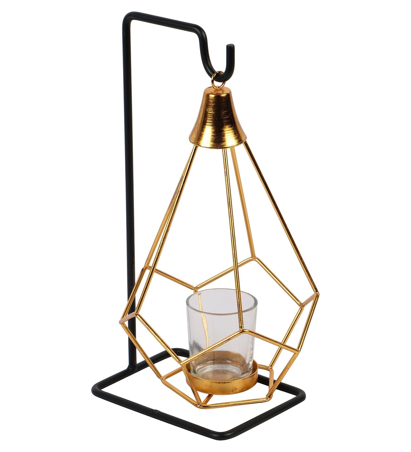 Gold & Black Diamond Pendulam Tealight Holder with Glass