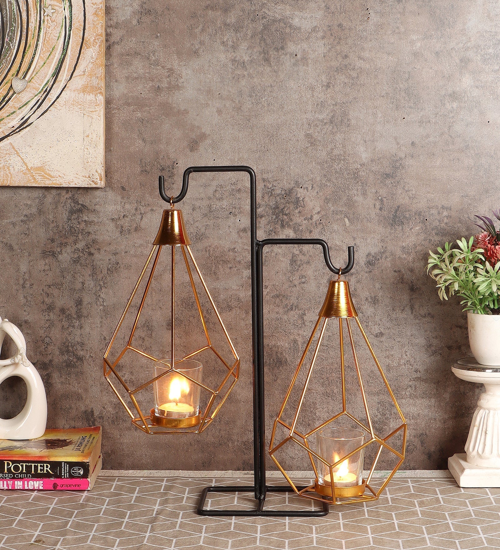 Gold Double Diamond Pendulam Tealight Holder with Glass