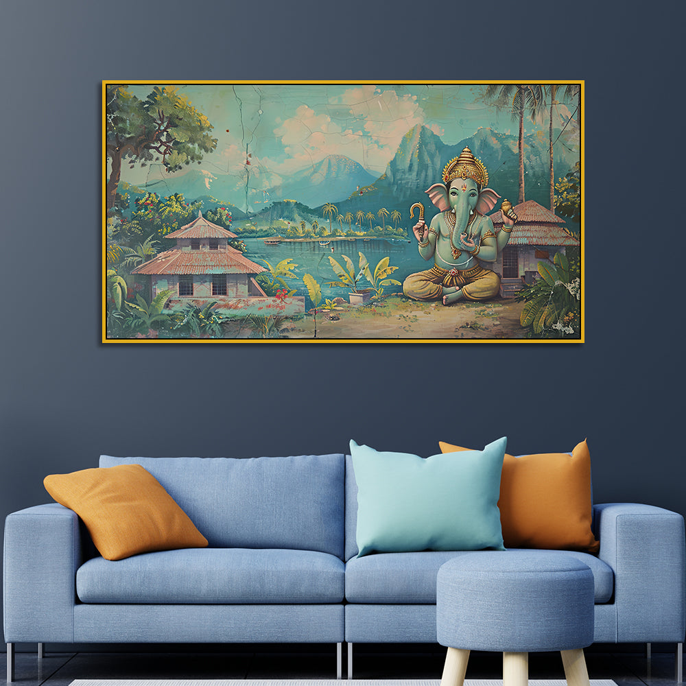 Lord Ganesha Vintage Traditional Madhubani Canvas Wall Painting