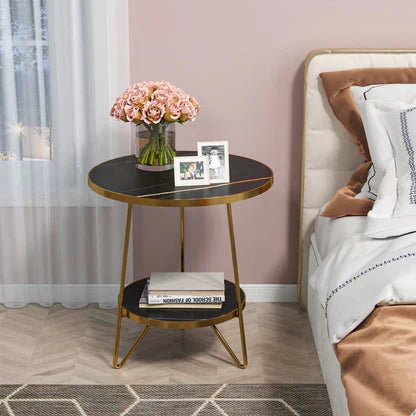 Modern Round Black Marble Side Table with Shelf
