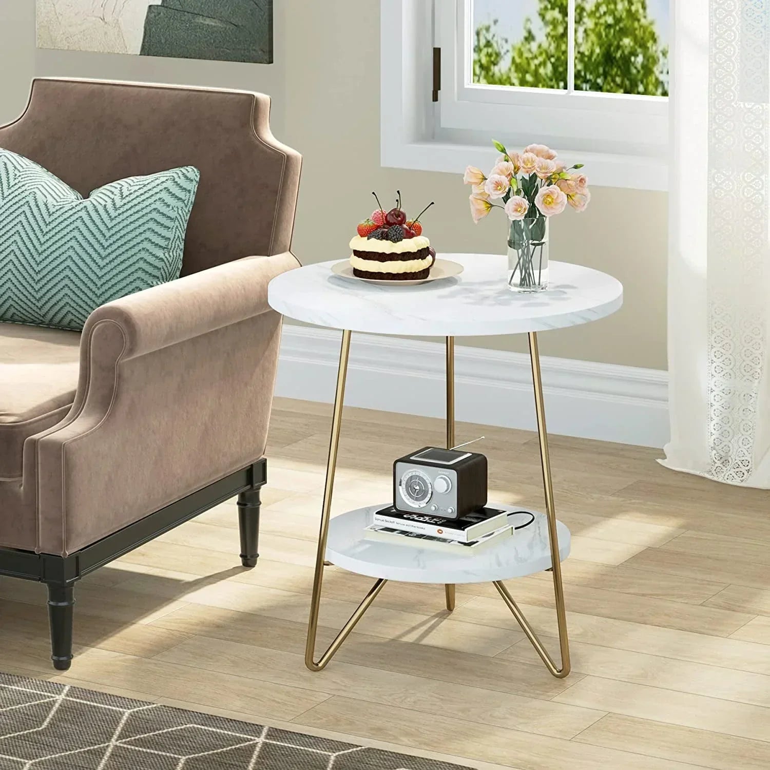 White Marble End Side Table with Lower Shelf
