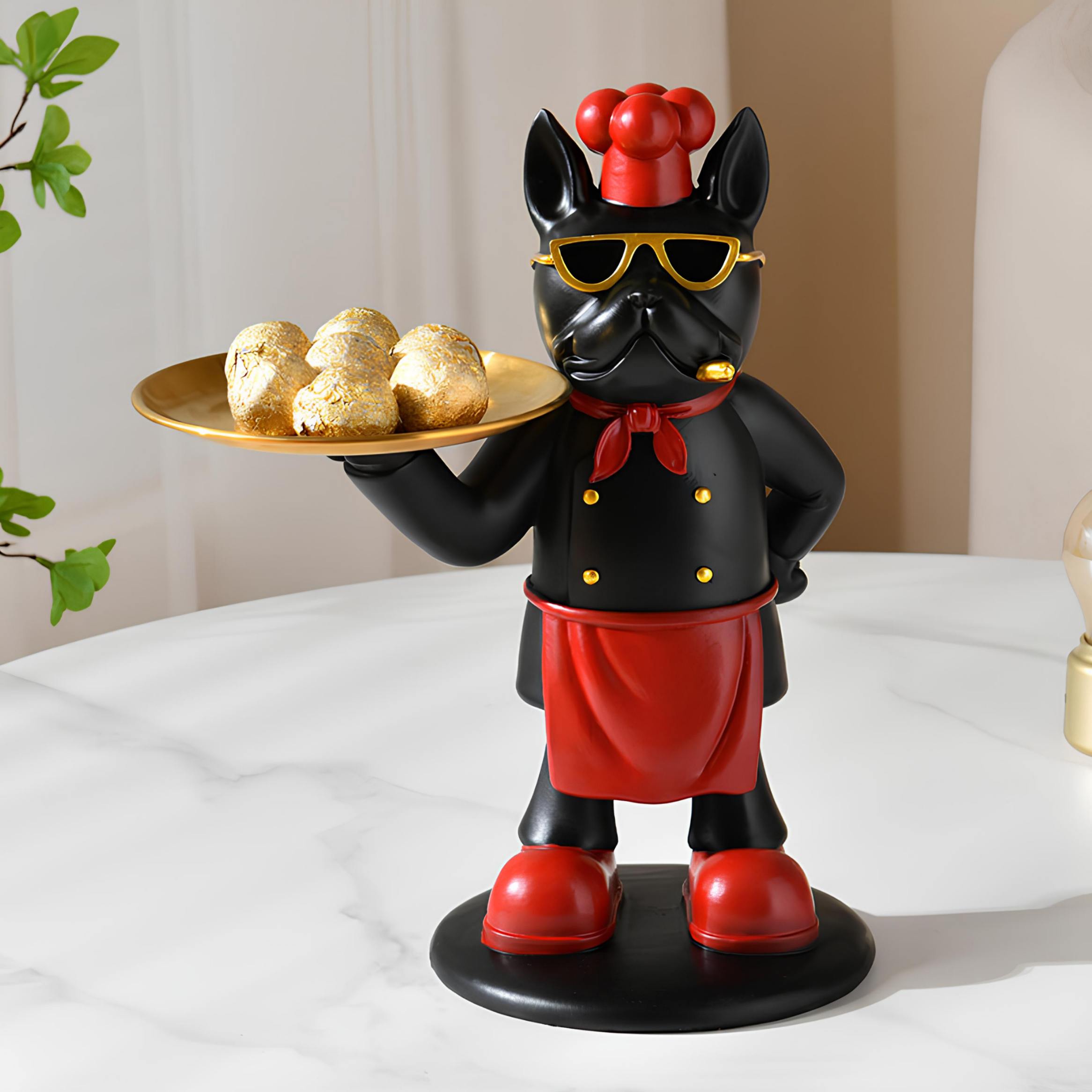 Red Cool Dog Showpiece with Plate for Home Decor Item, Kitchen, Bedroom, Office, Dinning Table, Gifts Item
