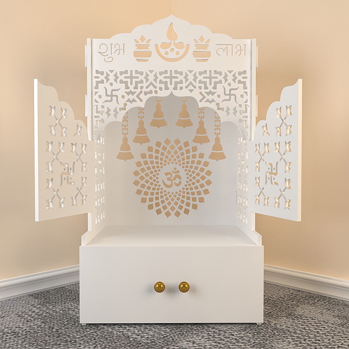 Premium Door Temple with Inbuilt Focus Light & Spacious Wooden Shelf