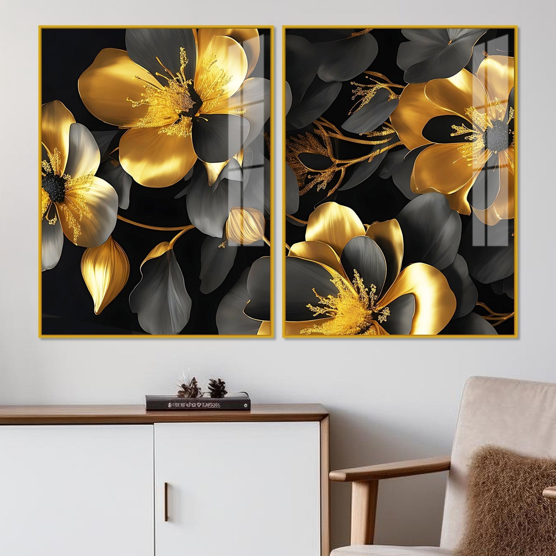 Beautiful Golden Flower Premium Acrylic Floating Wall Painting Set of 2