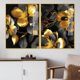 Beautiful Golden Flower Premium Acrylic Floating Wall Painting Set of 2