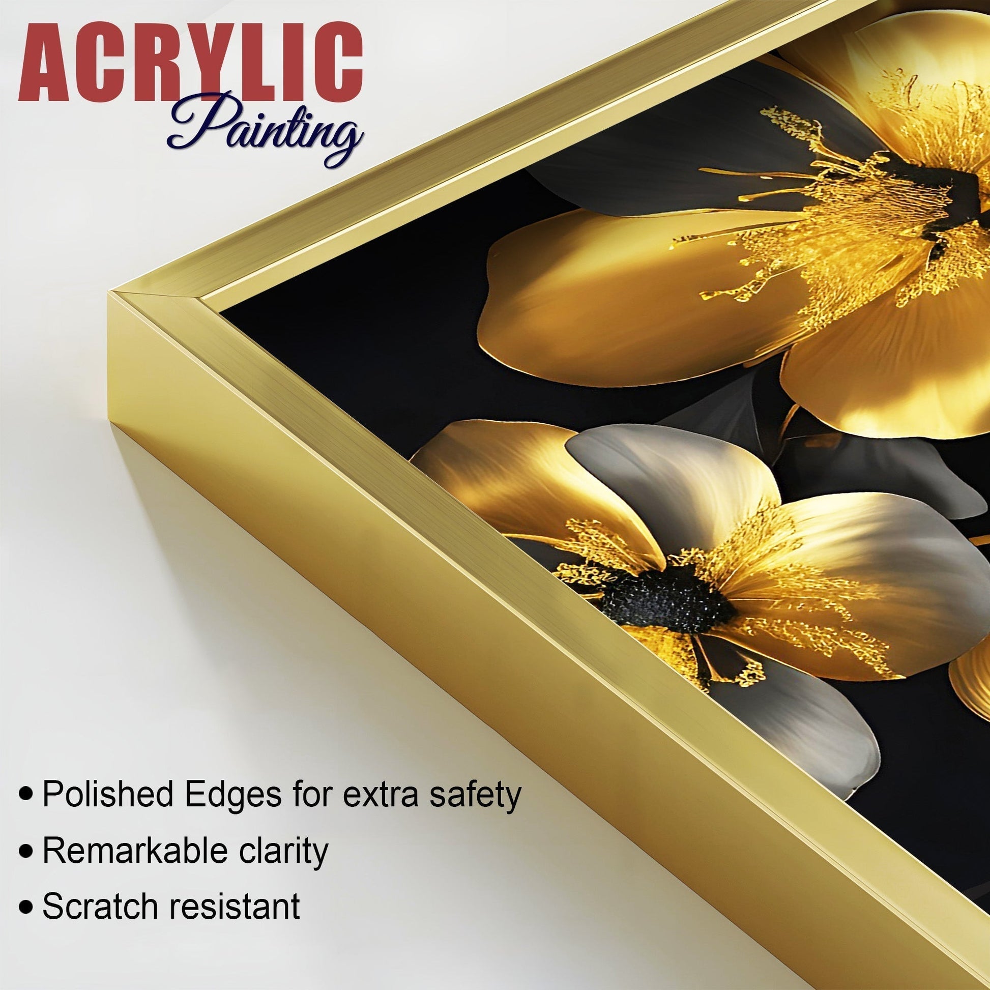 Beautiful Golden Flower Premium Acrylic Floating Wall Painting Set of 2