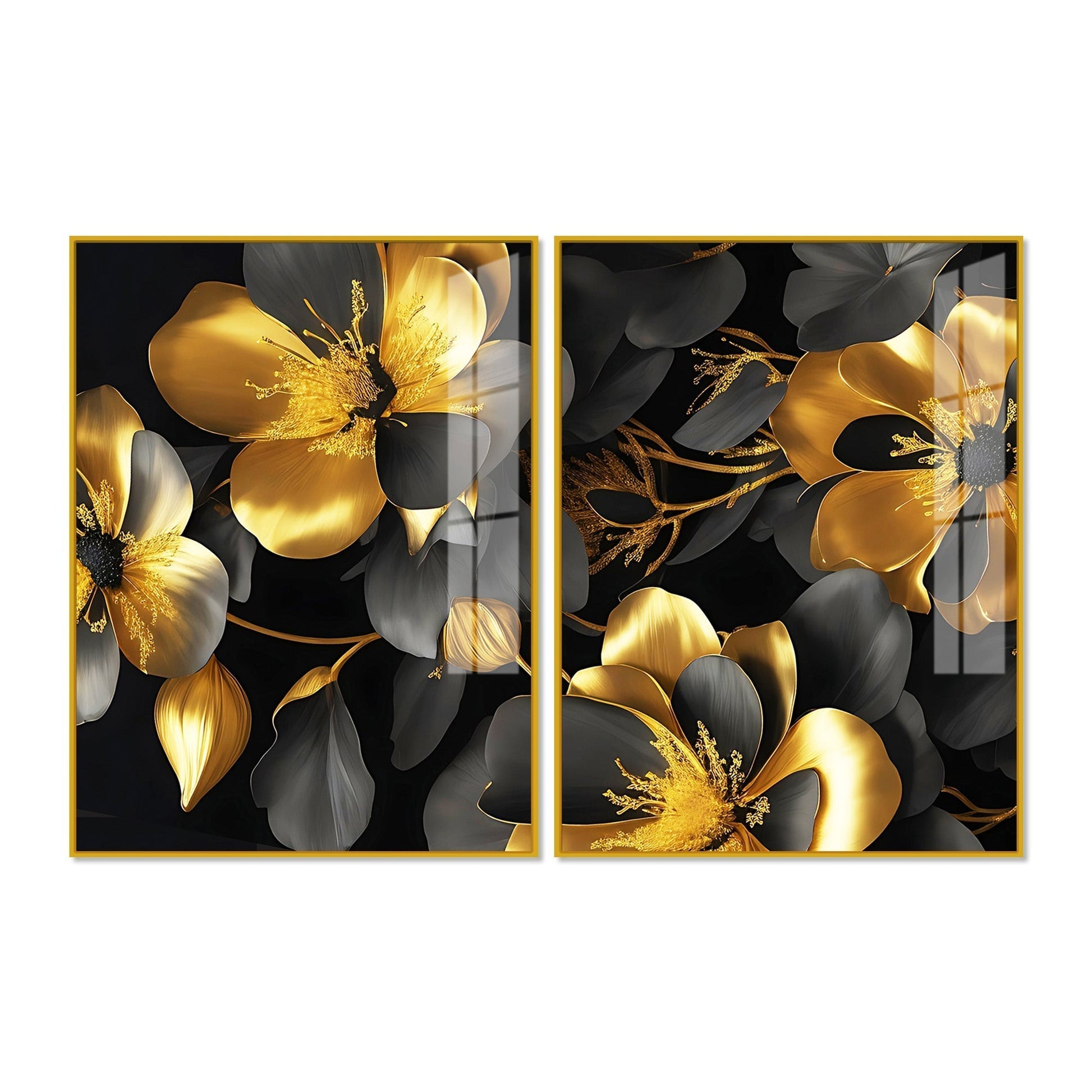 Beautiful Golden Flower Premium Acrylic Floating Wall Painting Set of 2