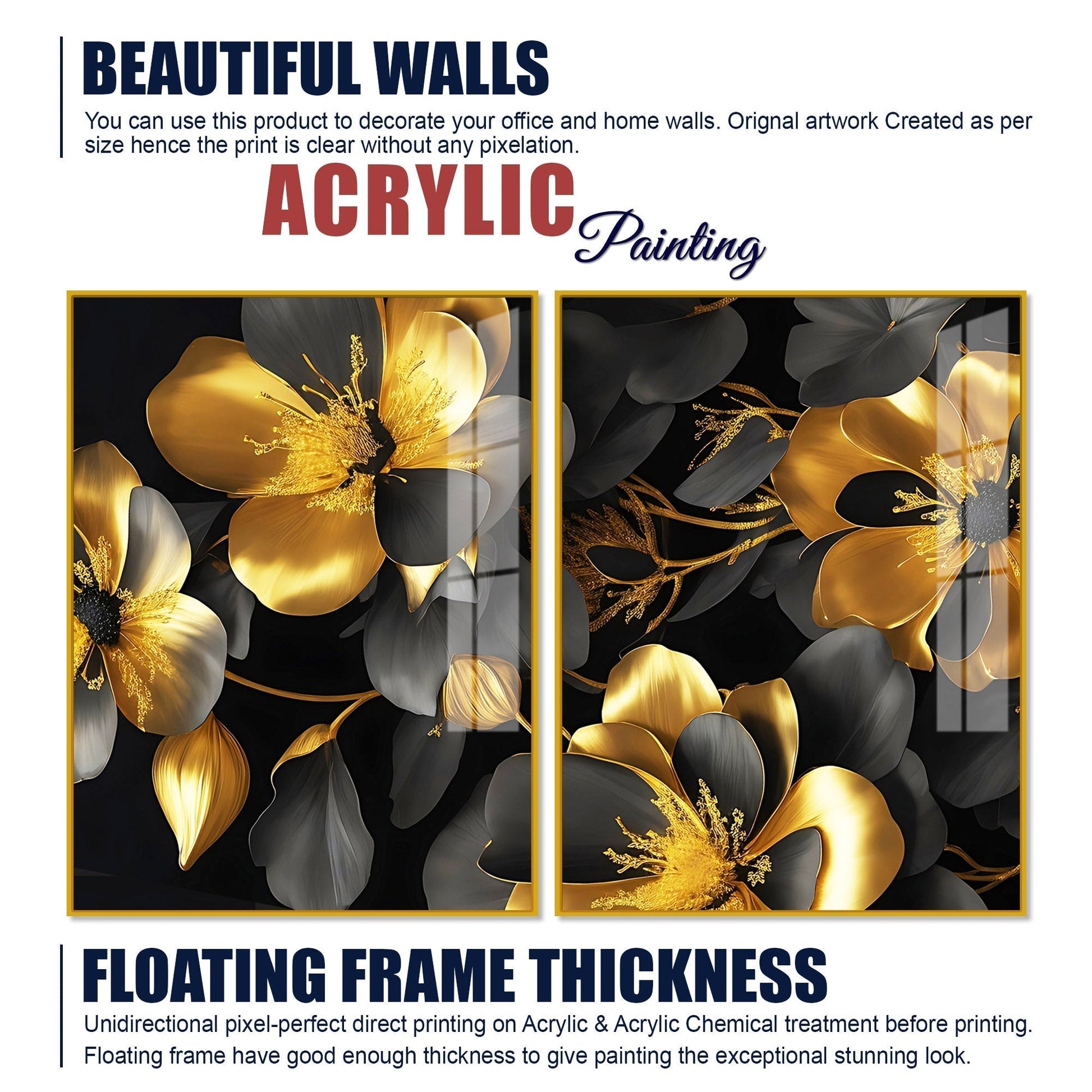 Beautiful Golden Flower Premium Acrylic Floating Wall Painting Set of 2