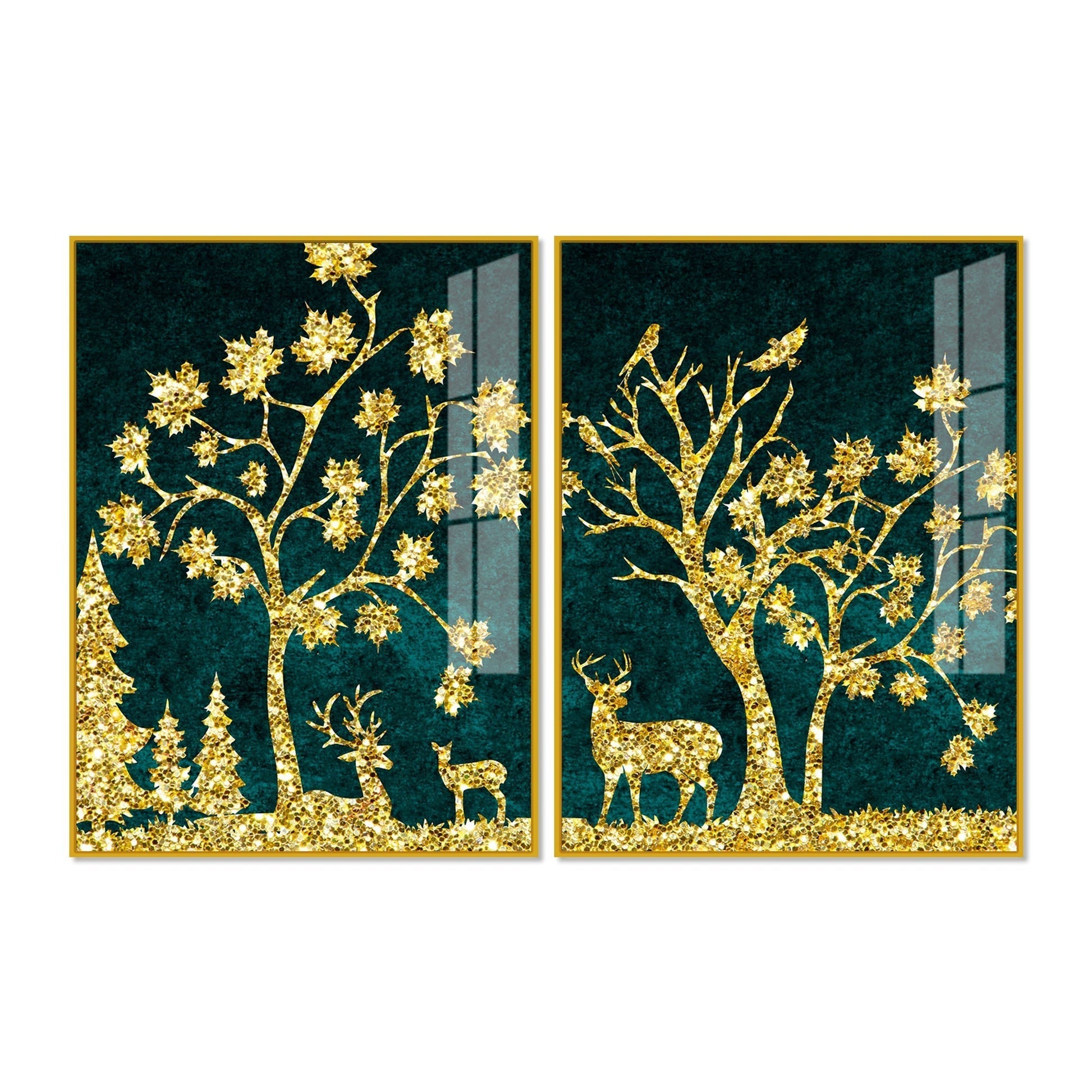 Beautiful Golden Trees with Deer Premium Acrylic Floating Wall Painting Set of 2