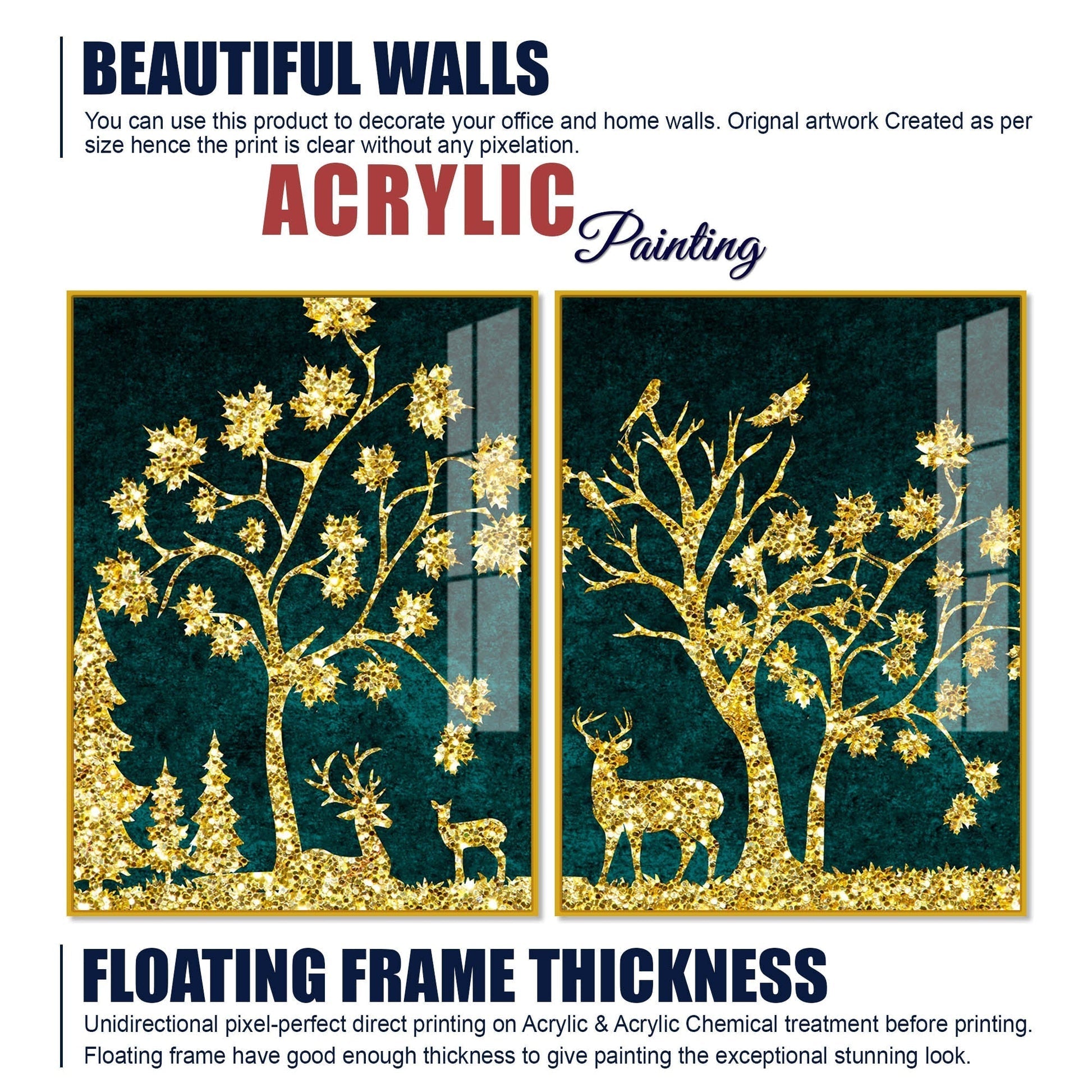 Beautiful Golden Trees with Deer Premium Acrylic Floating Wall Painting Set of 2