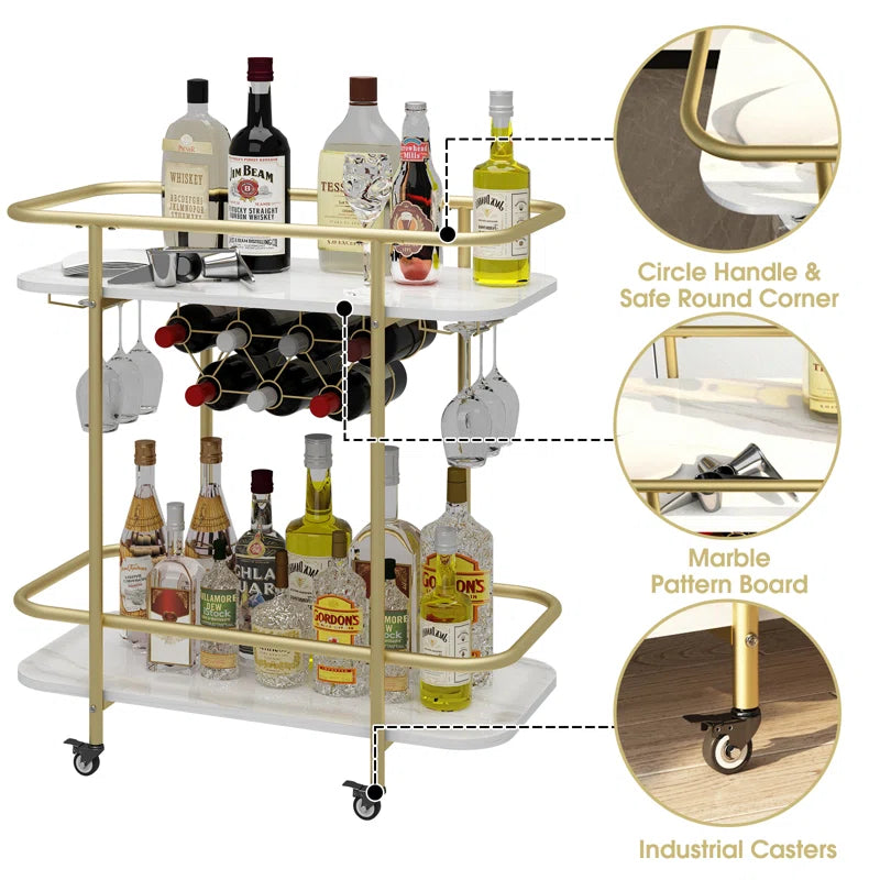 Contemporary Bar Cart Trolley With Golden Frame Dual Shelves
