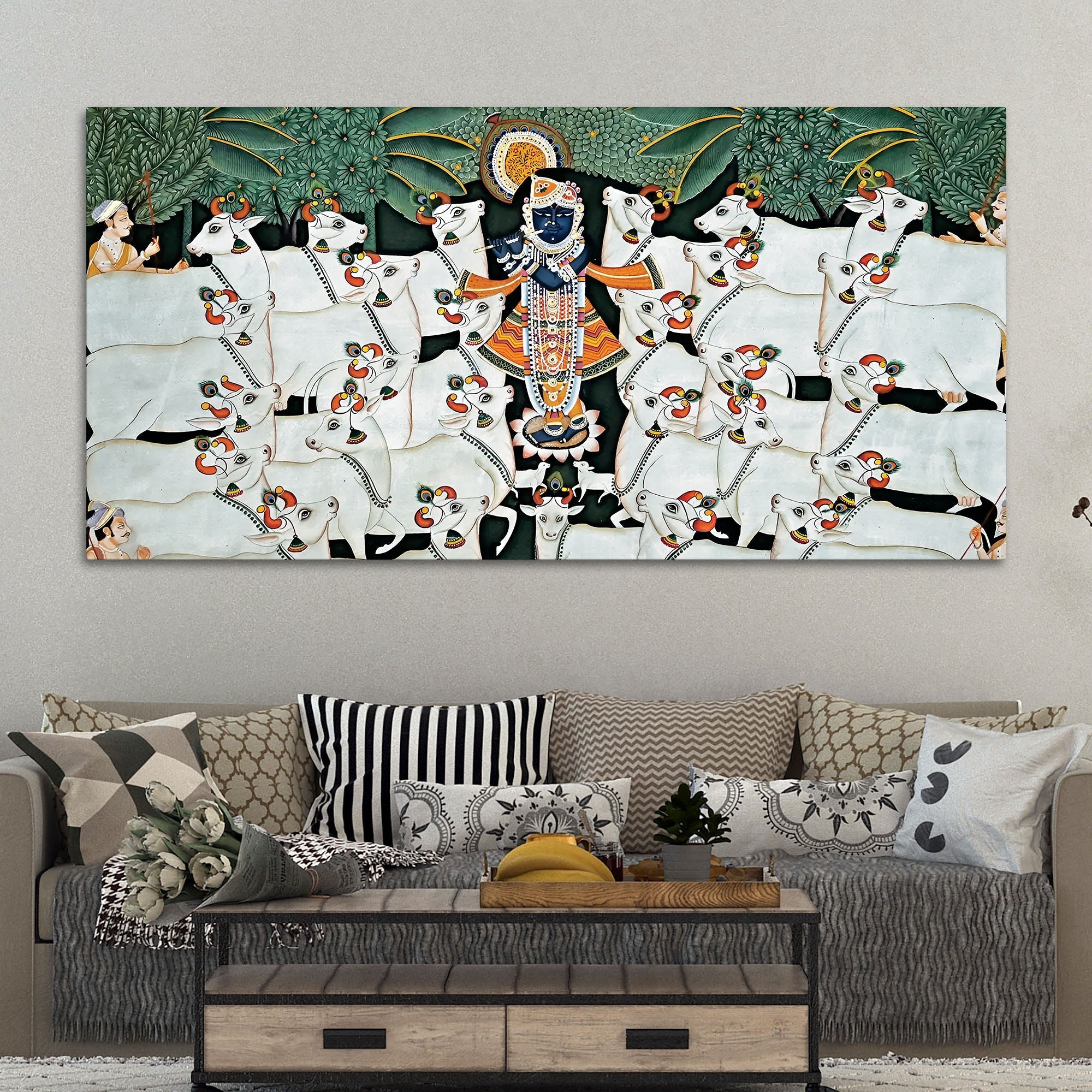 Divine Shrinathji with Cows Traditional Pichwai Painting