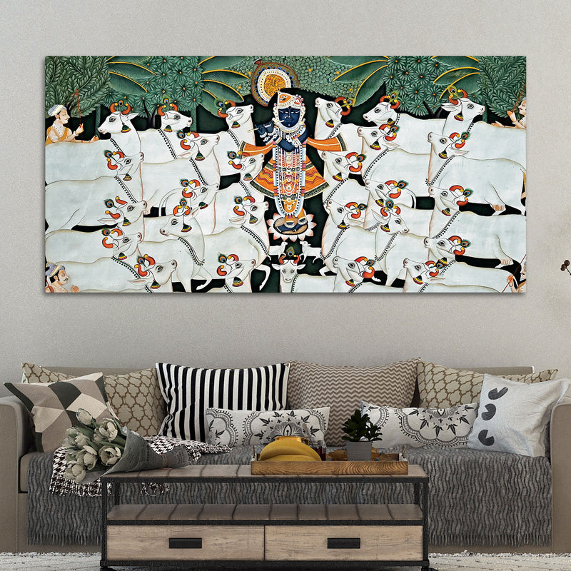 Divine Shrinathji with Cows Traditional Pichwai Painting