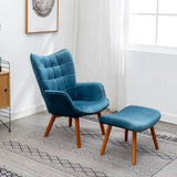 Tufted Curvy Long Back Sea Blue Lounge Chair With Ottoman