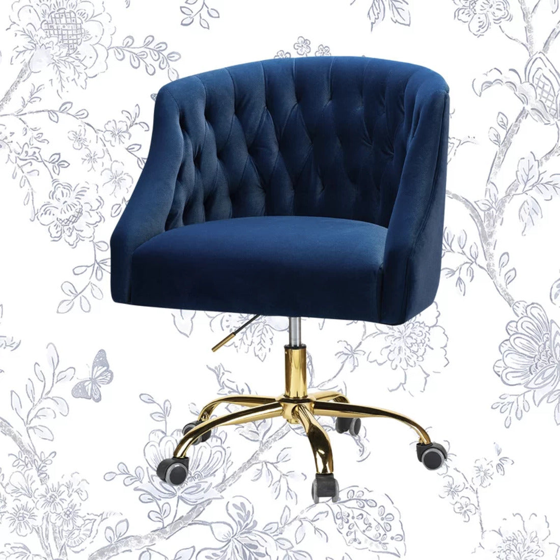 Velvet Clemence Blue Task Chairs/Study Chair/Office Chair for Study Room, Office, Swivel Armchair with Gold Base