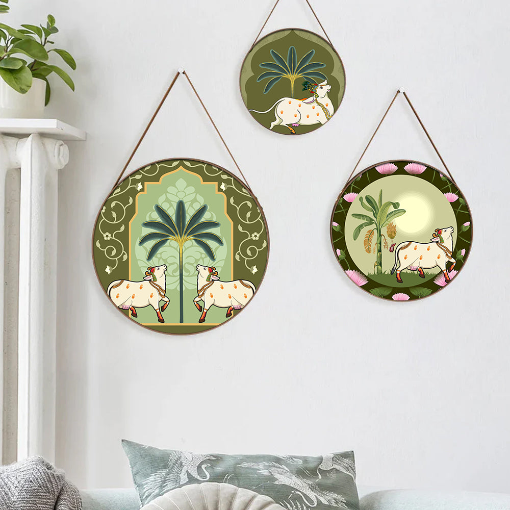 Set of 3 Exquisite Pichwai Round Wall Hanging Canvas Painting