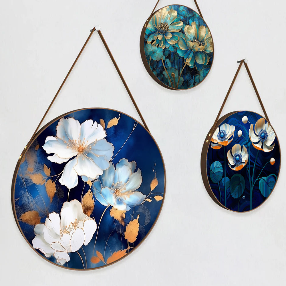 White & Gold Floral Round Framed Canvas Wall Hanging Paintings- Set of 3