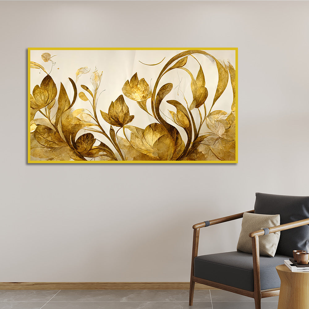 Legunt Furniture Elegant Flowers Golden Leaf Floating Frame Canvas Wall Painting