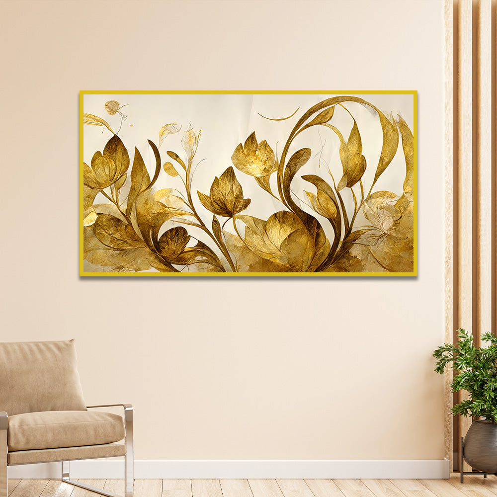 Legunt Furniture Elegant Flowers Golden Leaf Floating Frame Canvas Wall Painting