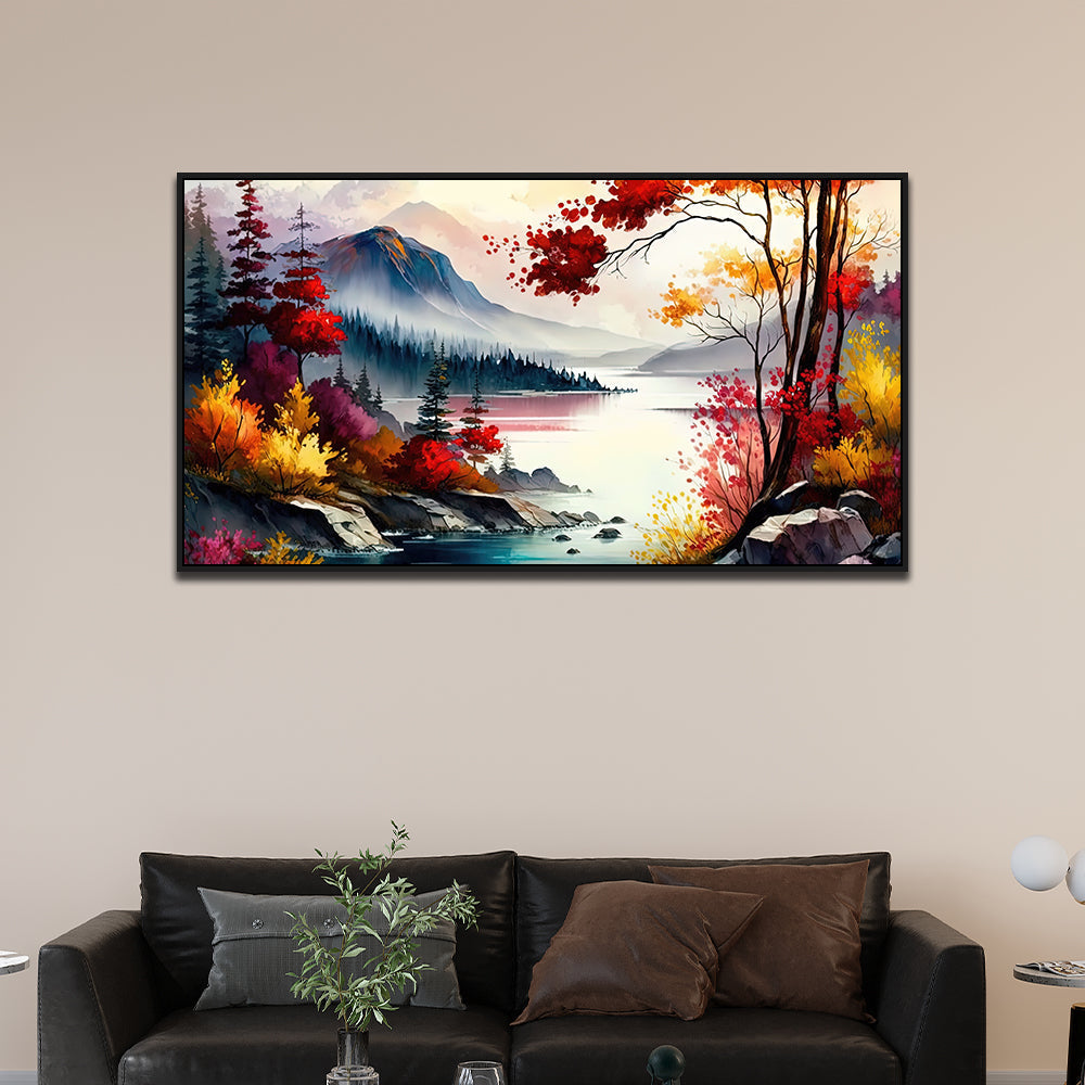 Beautiful Lake with Mountain Multicolor Nature Floating Framed Wall Painting
