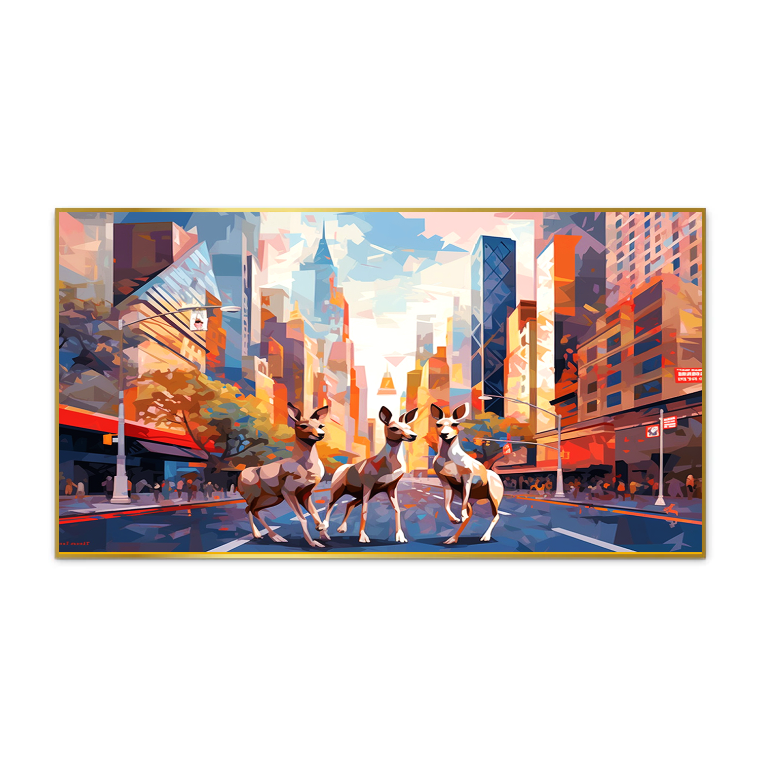 Abstract Urban Wilderness: A Trio of Deer Floating Frame Canvas Wall Painting