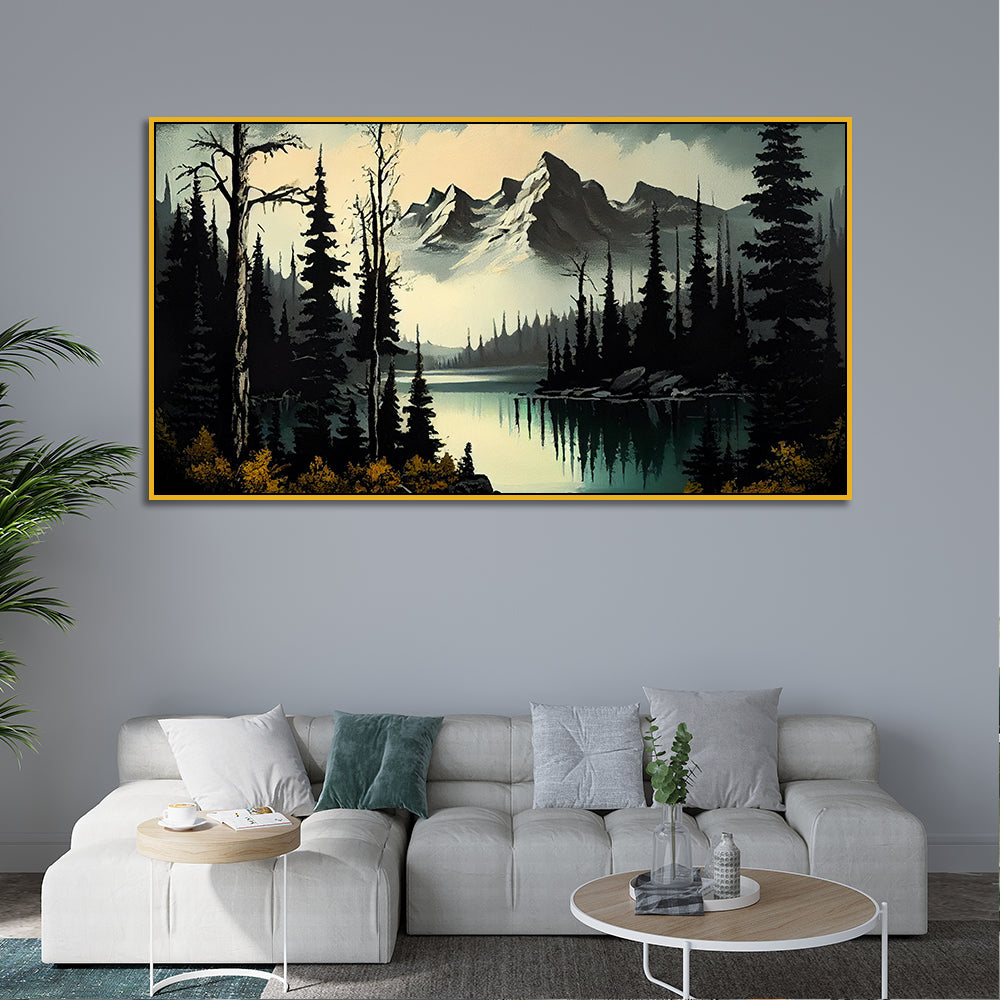 Foggy Pine Forest and River Winter Nature Canvas Wall Painting
