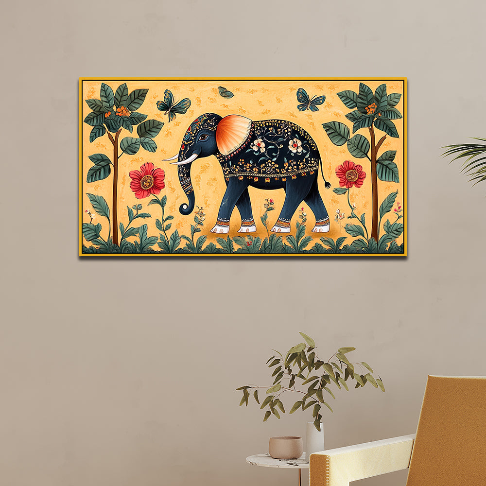 Classical Madhubani Painting with Nature & Elephant