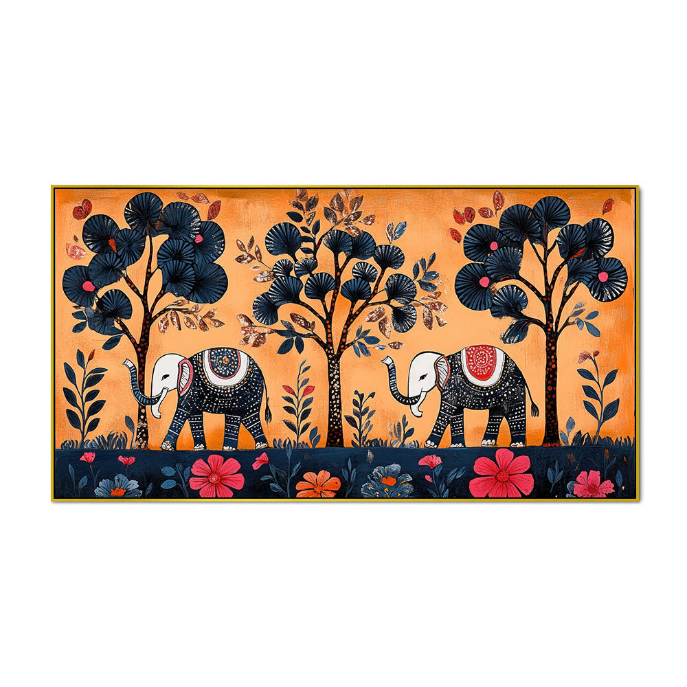 Traditional Gond Art Elephants and Trees Madhubani Canvas Wall Painting