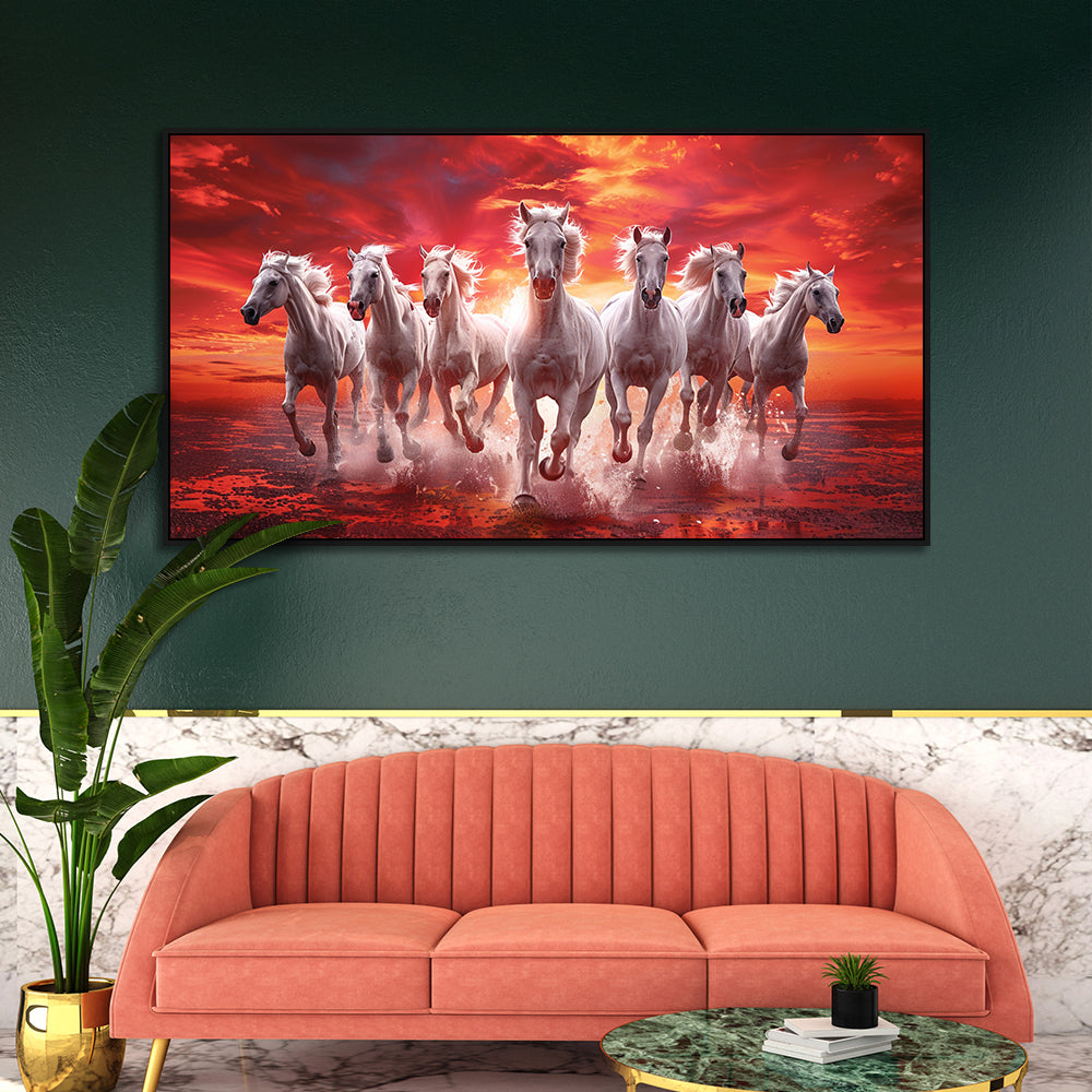 Vastu 7 Running Horses Canvas Wall Painting with Floating Frame