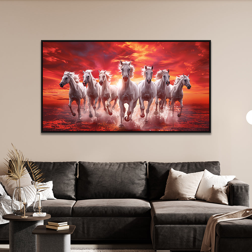 Vastu 7 Running Horses Canvas Wall Painting with Floating Frame