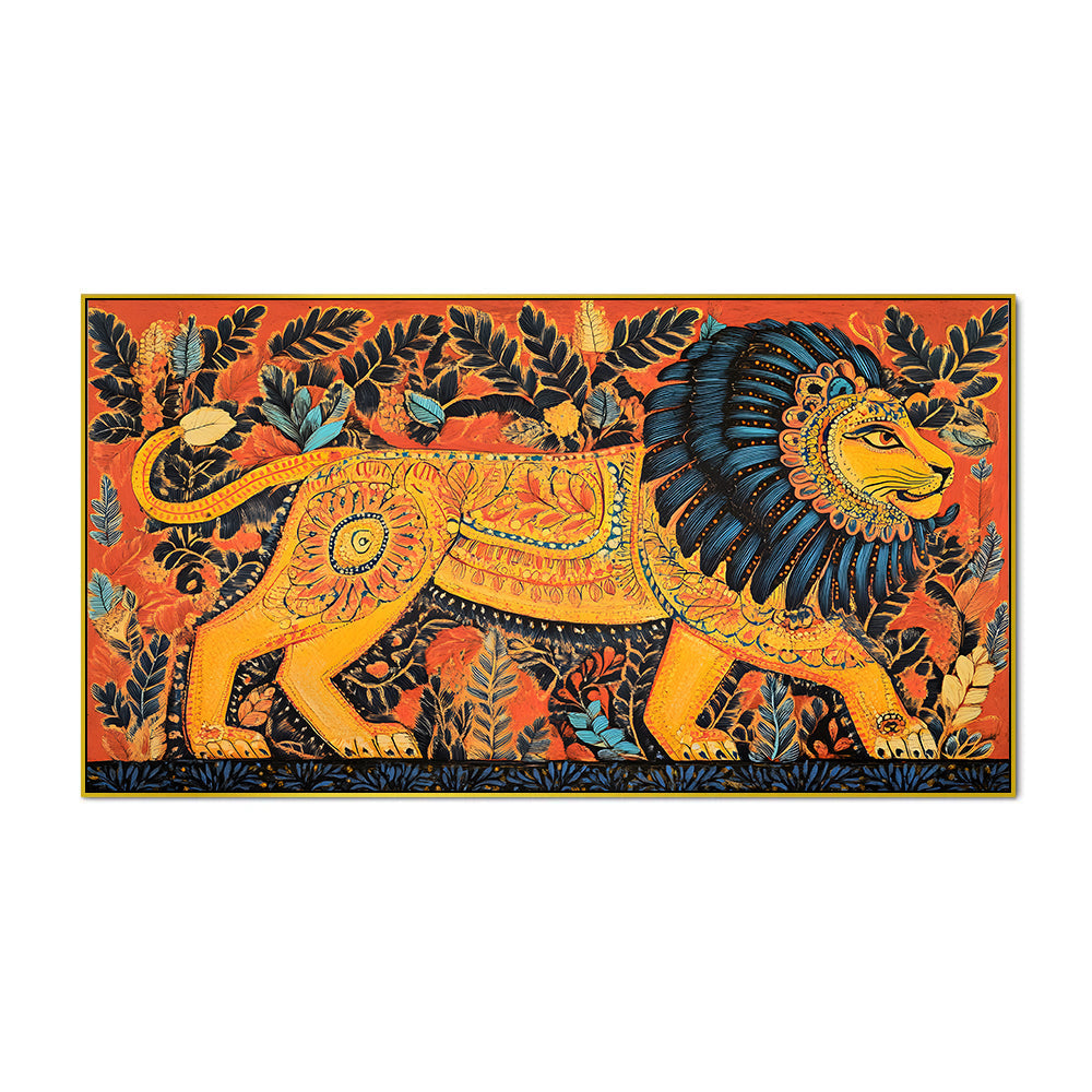 Vibrant Folk Art Style Traditional Lion Canvas Wall Painting