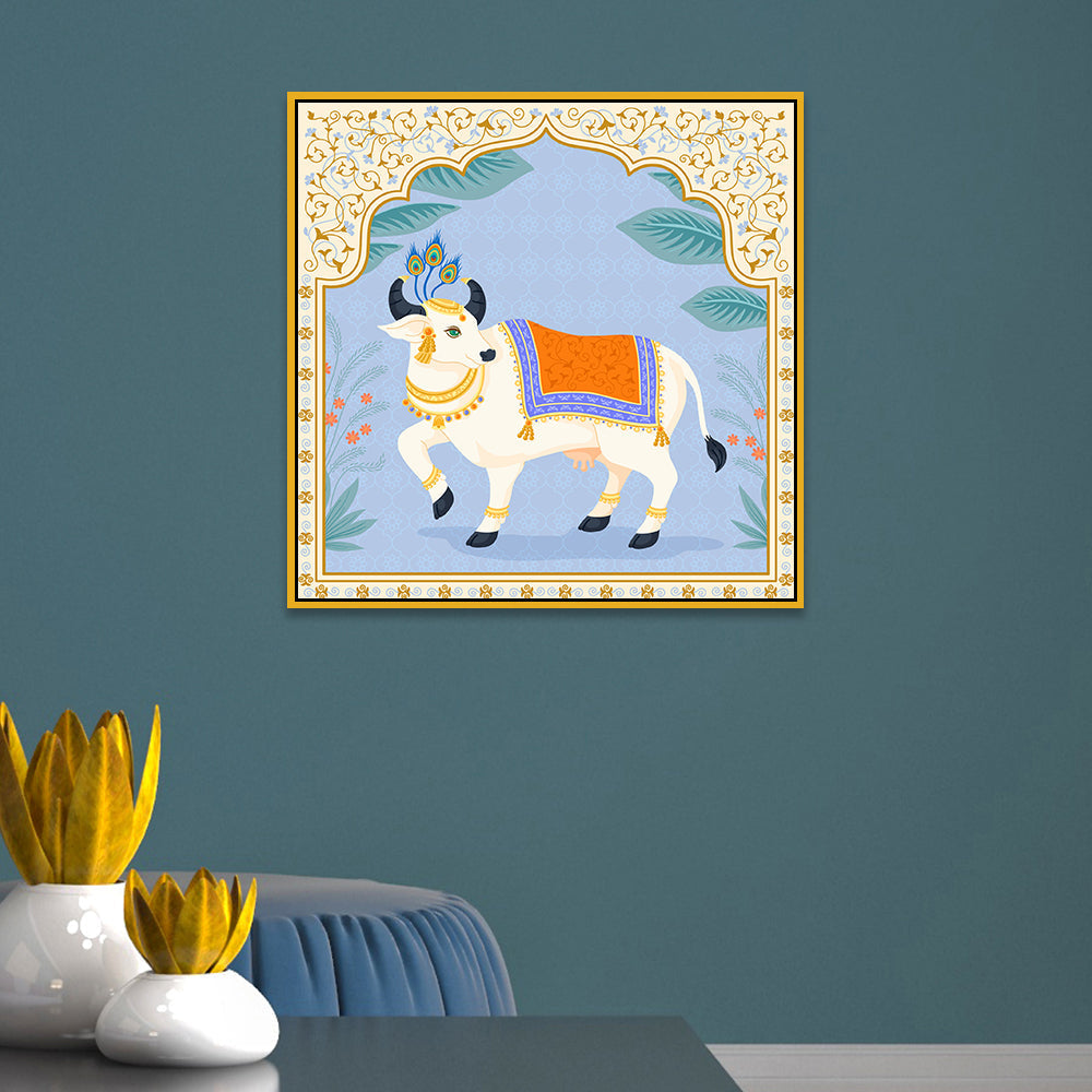 Divine Nandi Cow Traditional Indian Pichwai Style Canvas Wall Painting