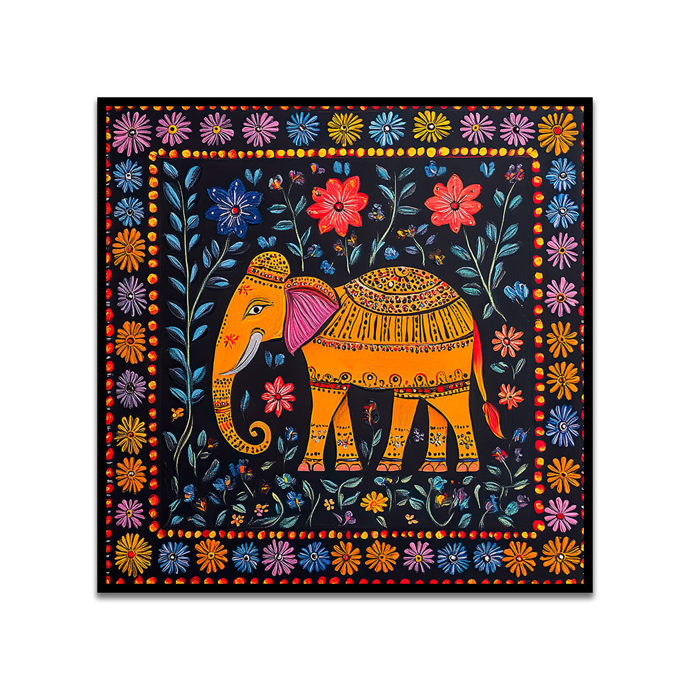 Colorful Indian Elephant Folk Art Canvas Wall Painting with Floating Frame