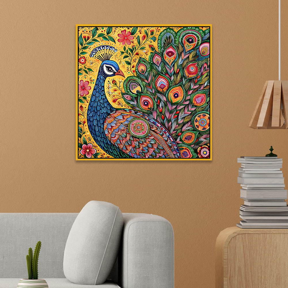 Vibrant Peacock Traditional Indian Folk Art Style Canvas Wall Painting