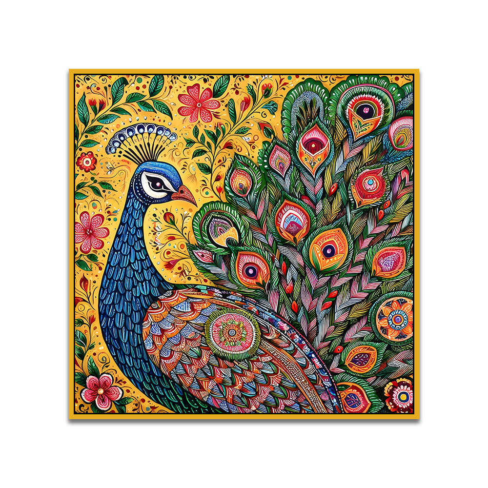 Vibrant Peacock Traditional Indian Folk Art Style Canvas Wall Painting