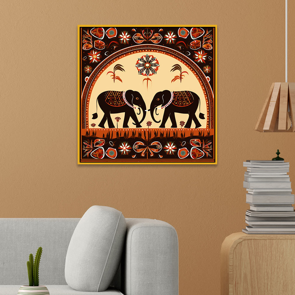 Traditional Twin Elephants Indian Tribal-Inspired Folk Art Canvas Painting