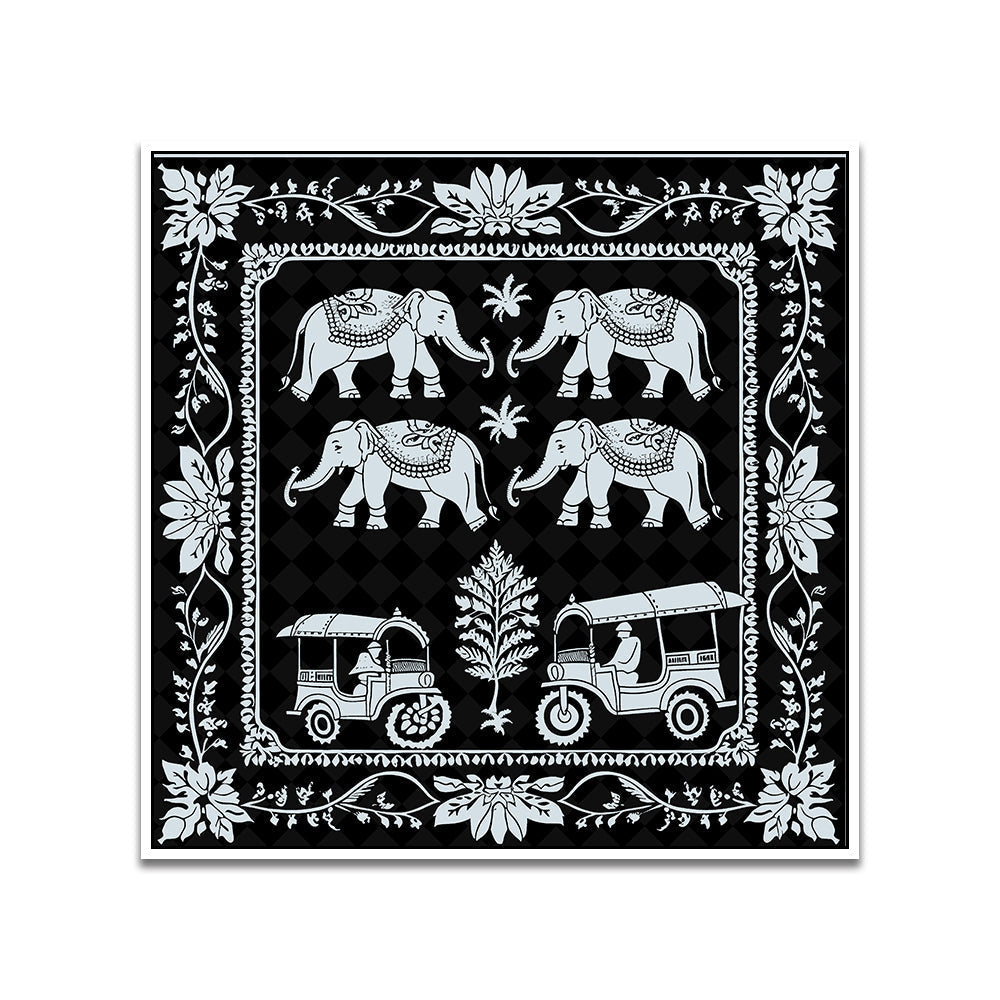 Monochrome Indian Folk Art Canvas Painting with Floating Frame