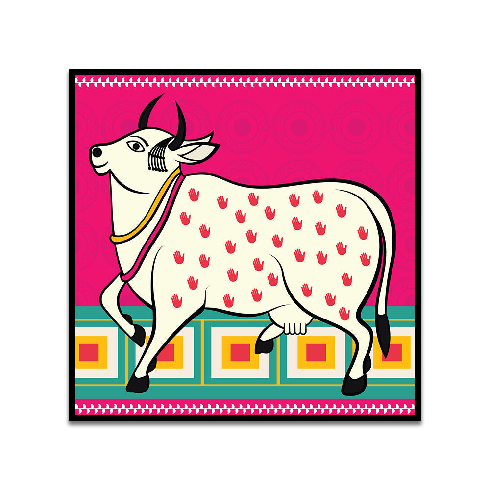 Vibrant Indian Folk Art Traditional Sacred Cow Canvas Wall Painting
