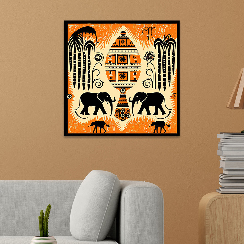 Tribal Elephant Ethnic Village Pot Motif with Nature Elements Canvas Wall Painting